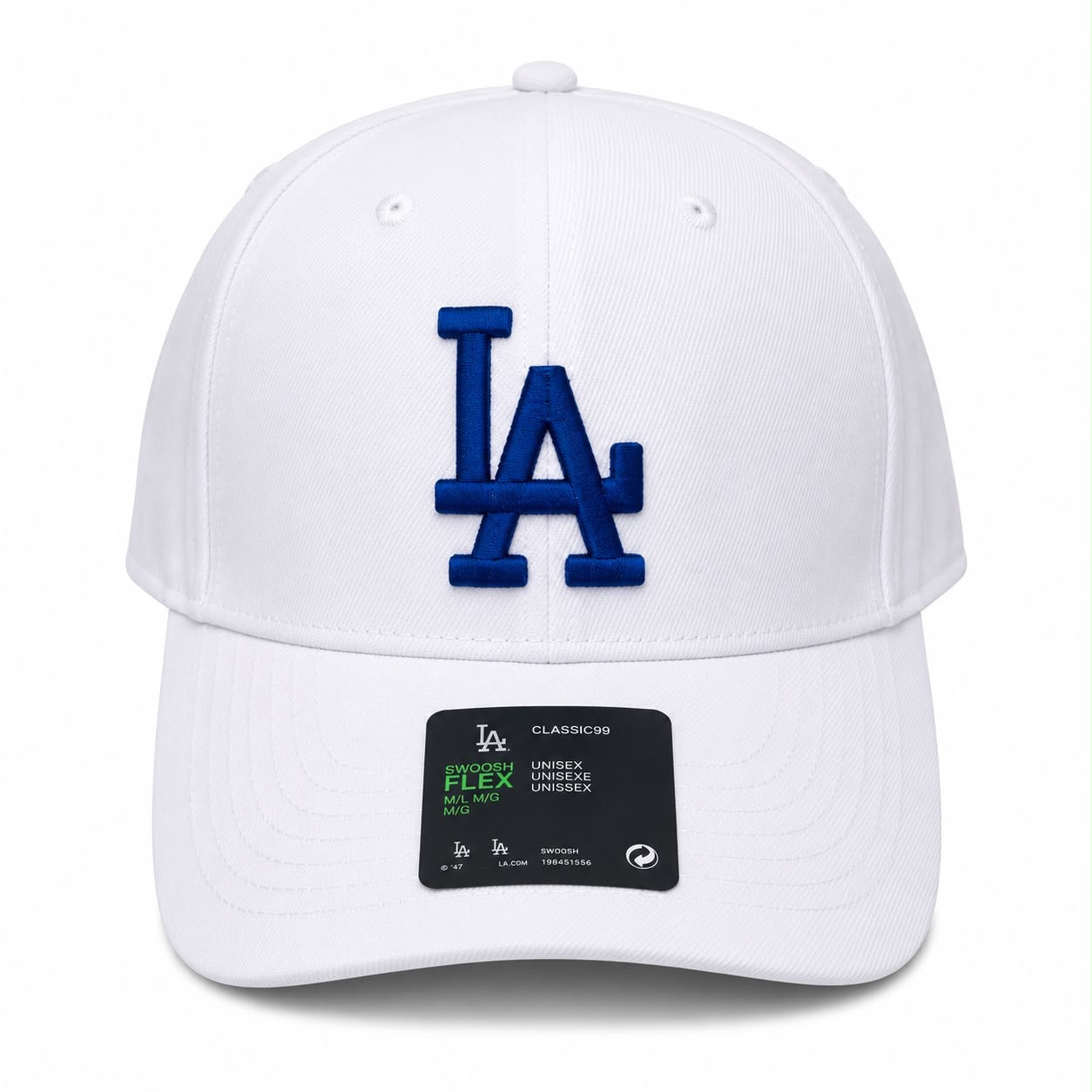 White LA dodgers cap with embroidered royal blue