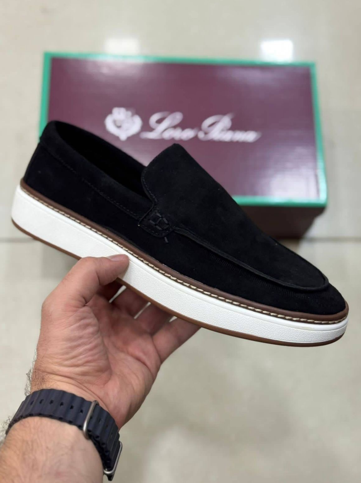 loro piana loafer thick heal black (original suede)