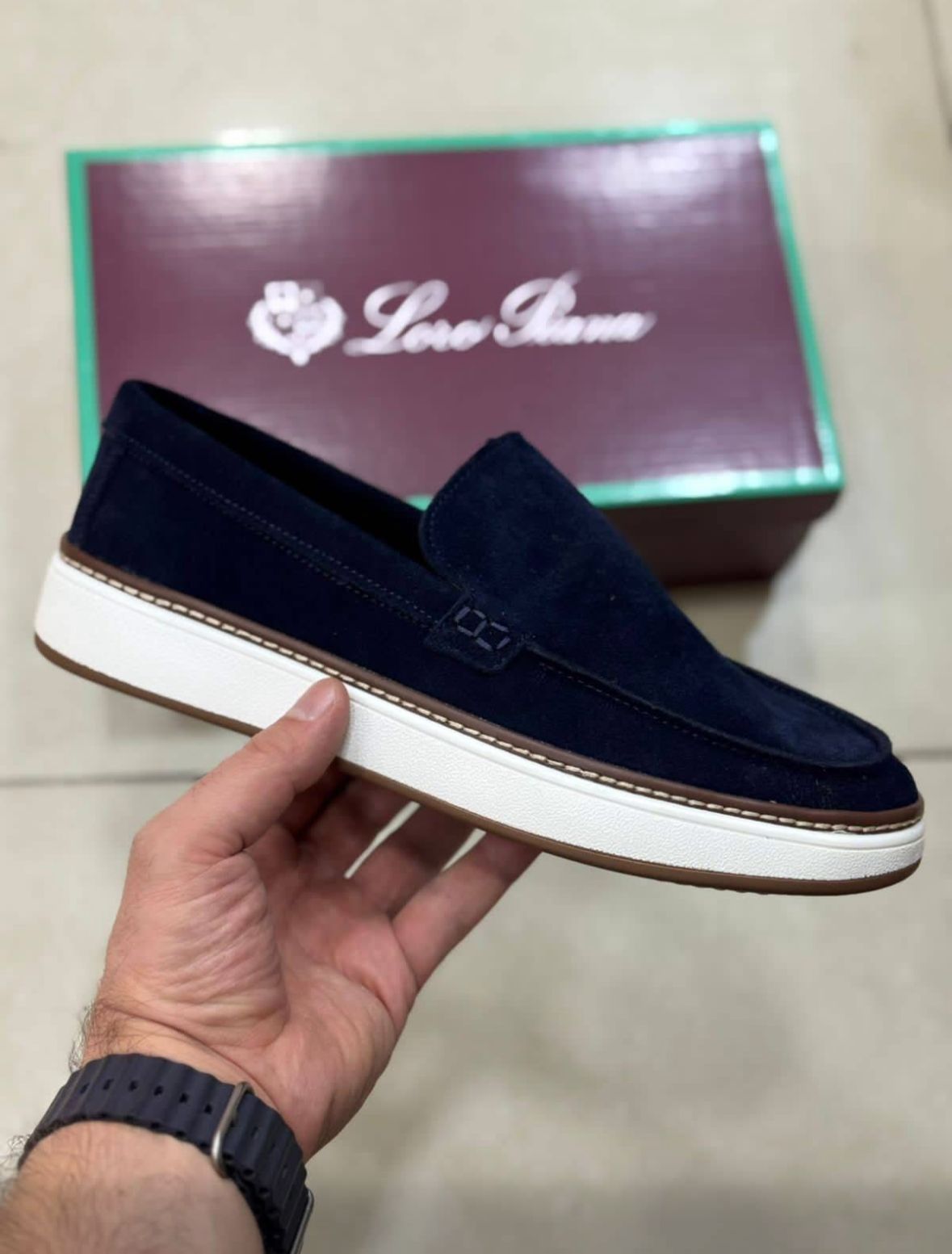 loro piana loafer thick heal navy blue (original suede)